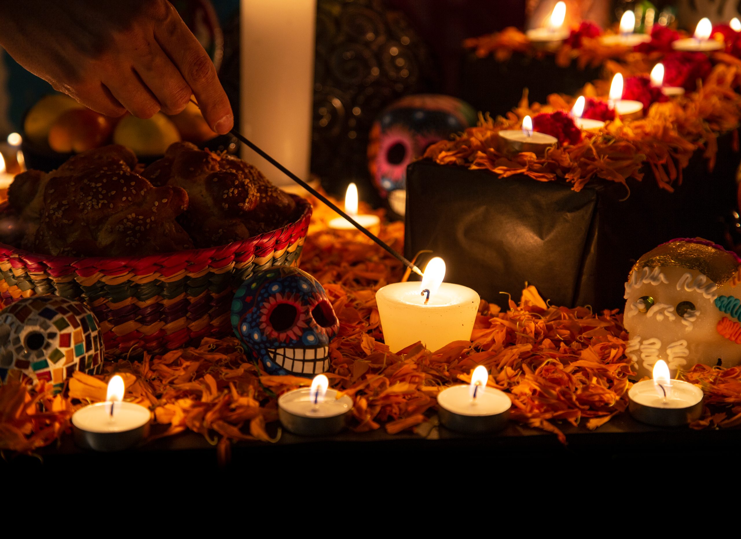 Hand,Holding,Incense,Stick,Over,"ofrenda",For,The,Day,Of