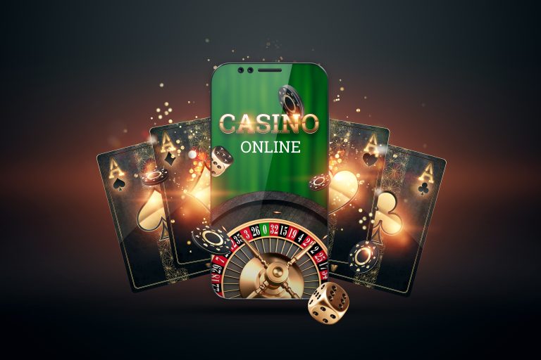 Smartphone,With,Playing,Cards,,Chips,And,Roulette,,Black-gold,Background.,Concept