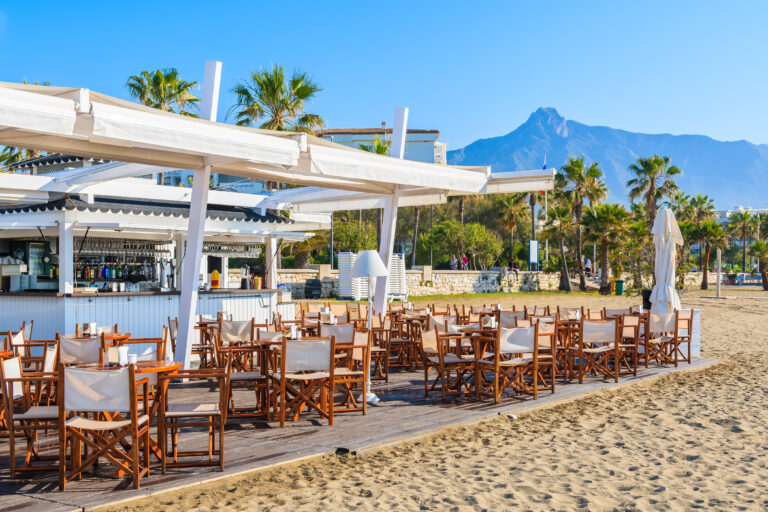 Bar,On,Beautiful,Beach,In,Marbella,Town,Near,Puerto,Banus