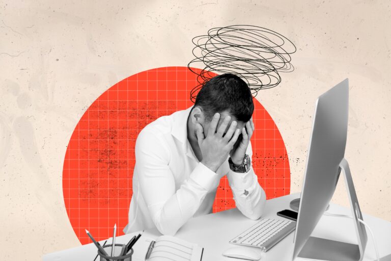 Composite,Photo,Collage,Of,Young,Tired,Businessman,Hold,Head,Trouble